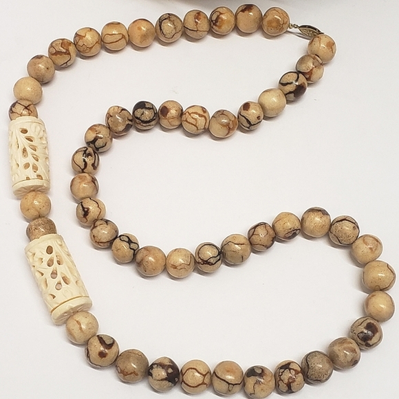 Vintage Neutral Toned Striped Tiger Coral Beaded & Carved...